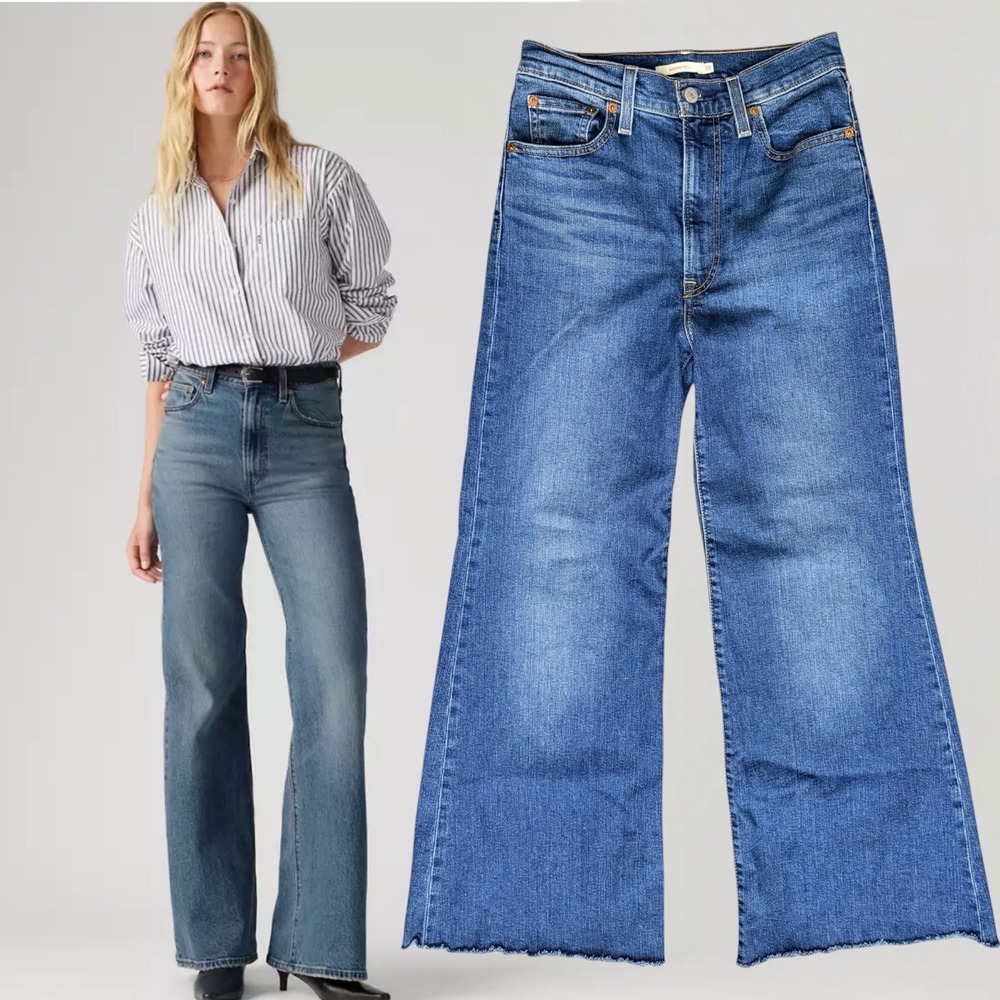 Levi's Ribcage Bell Jeans High Rise Flare Raw Hem Blue 28